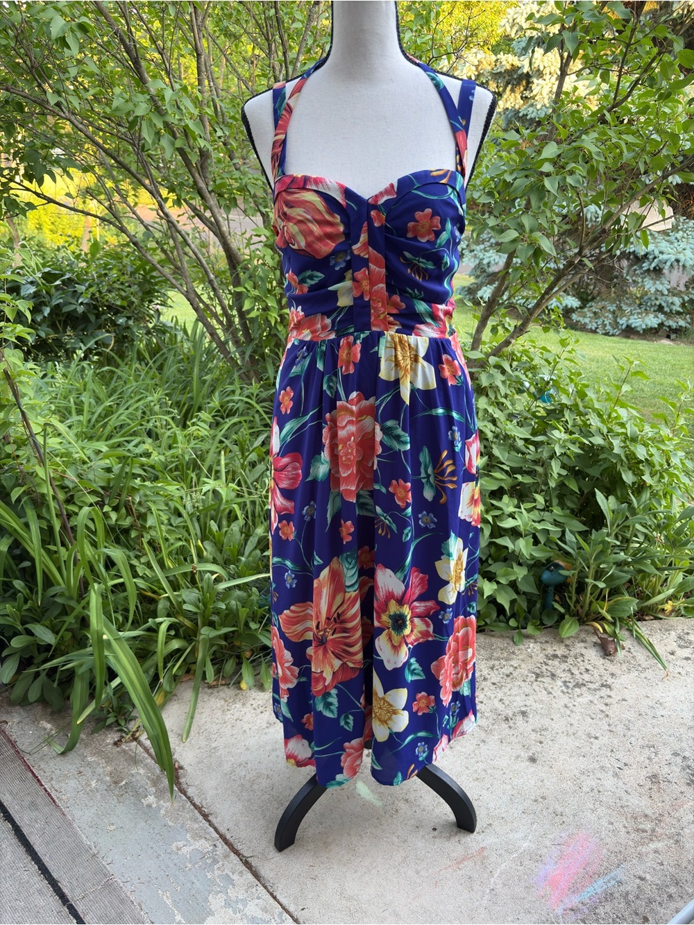 Anthropologie Navy Floral Midi Dress with Bright Tropical Blooms